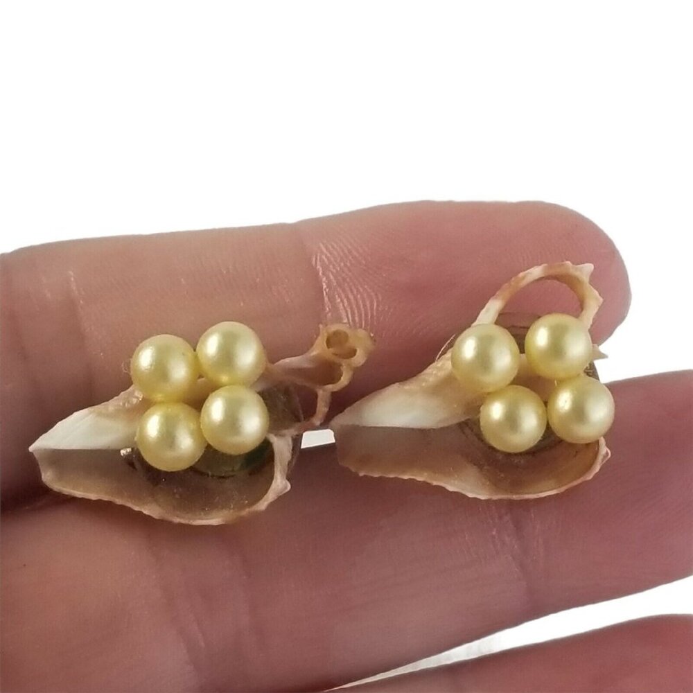 Vintage Seashell Screwback Earrings Screw Back Shell Pearl Beads tiki Nautical